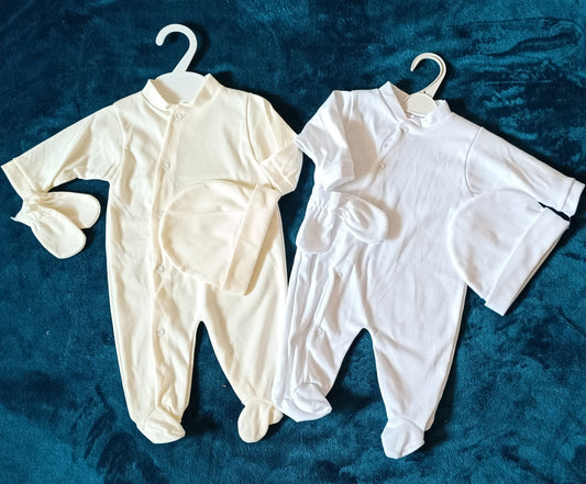 Ensemble 3 pièces en coton – Pyjama, bonnet et gants – 0-3 mois